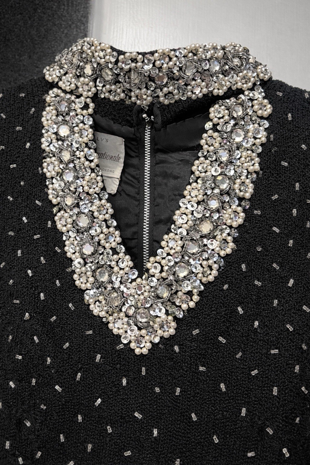 Vtg 50s Couture GENE SHELLY Boutique International Rhinestone Wool BEADED Dress