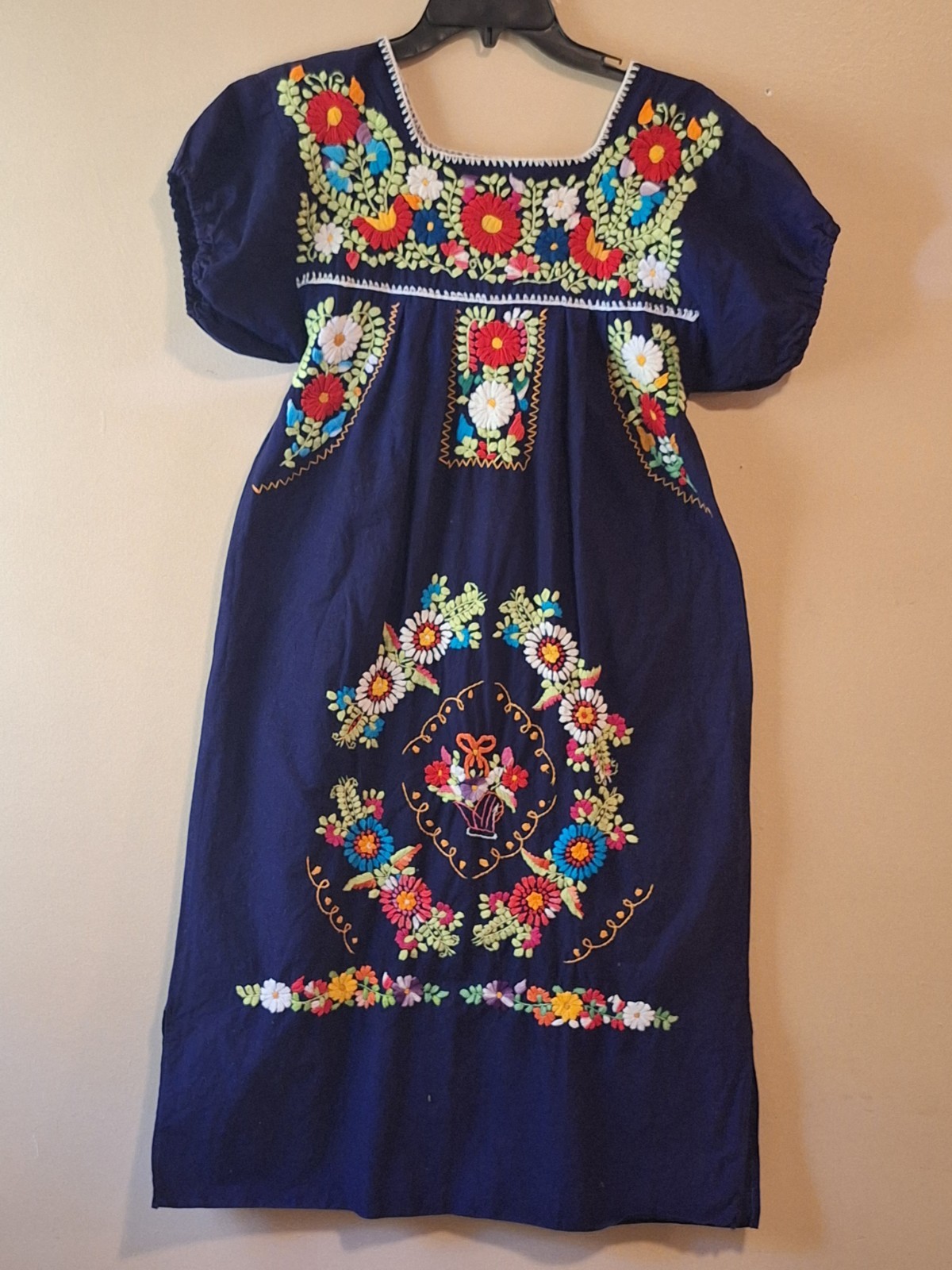 vintage Beautiful Navy Blue Mexican Dress Multi Color Embroidery M