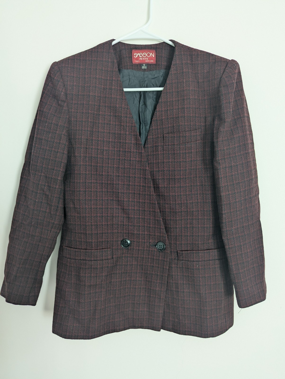 Vtg 80s Burgundy Houndstooth Wool Blazer Petite 6 Power Shoulder Career Jacket