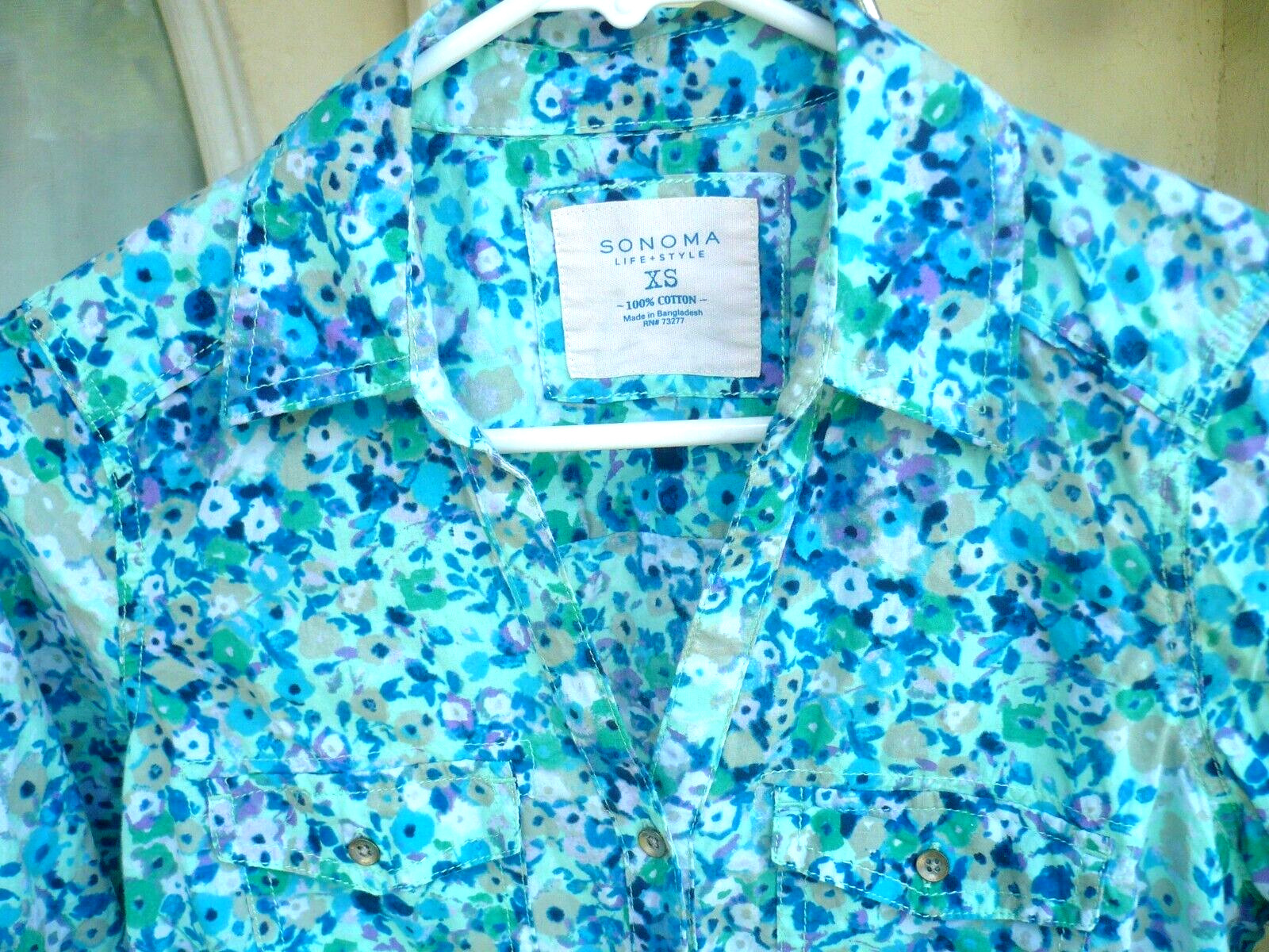 VTG 90S SONOMA XS S COTTON SHIRT BUTTON UP TAB BLOUSE BLUE GREEN FLORAL GRUNGE