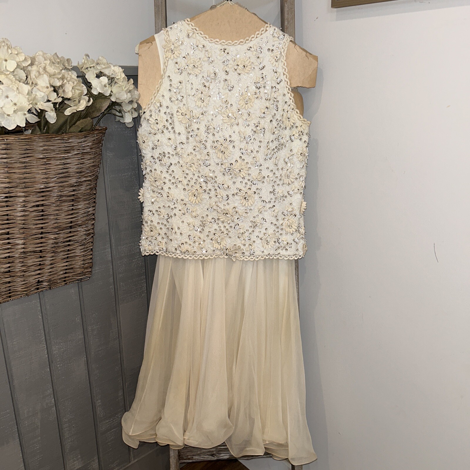Pat Sandler Chiffon Ivory Cocktail Dress Sequin Lace Top Flowy Bottom S/M