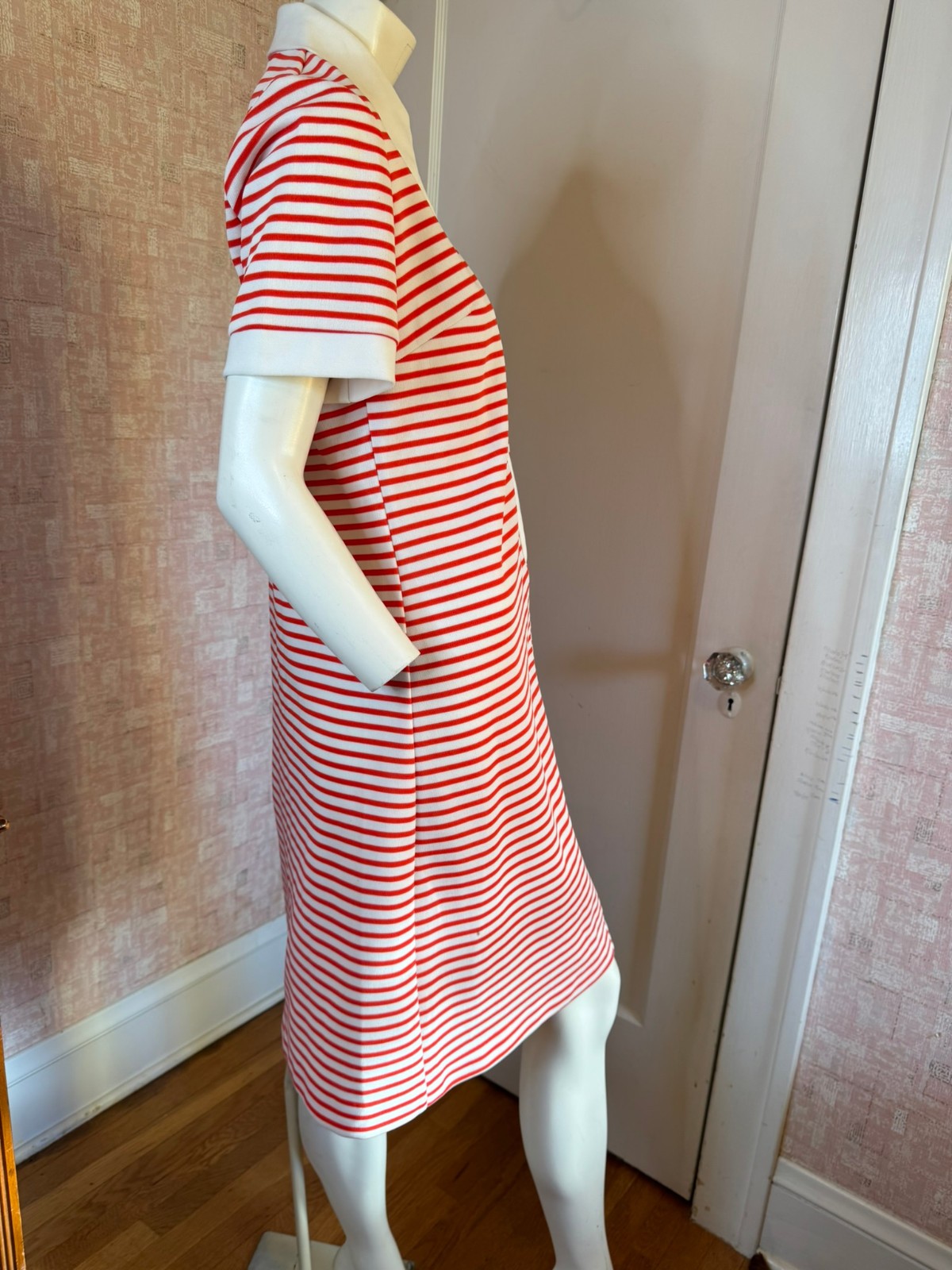 Vtg Red & White Knit Short Sleeve Collared Zipper Front Twiggy Mod Dress sz L