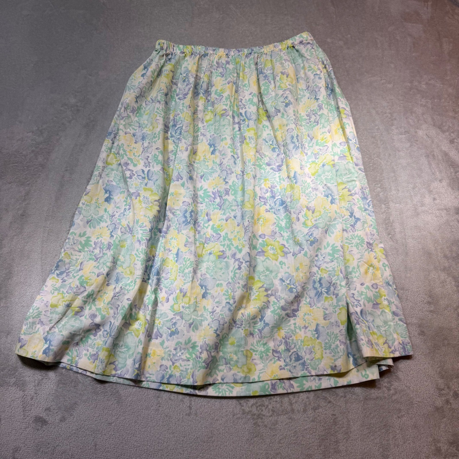 Vintage 90s Floral Midi Skirt Pastel Blue Green Yellow Elastic Waist Size S/M