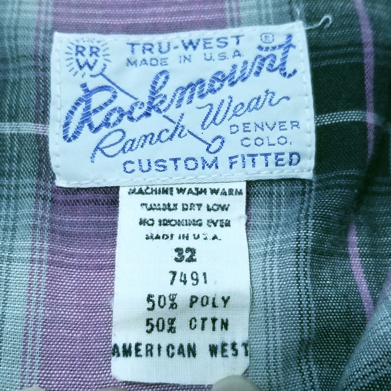 Vtg Rockmount Ranch Wear Purple Gray Plaid Pearl Snap Sz 32 Fitted w/Tie Western