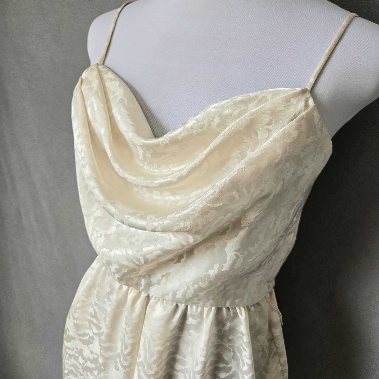 Vintage 70s White Satin Dress Cowl Neck Spaghetti Strap 9/10