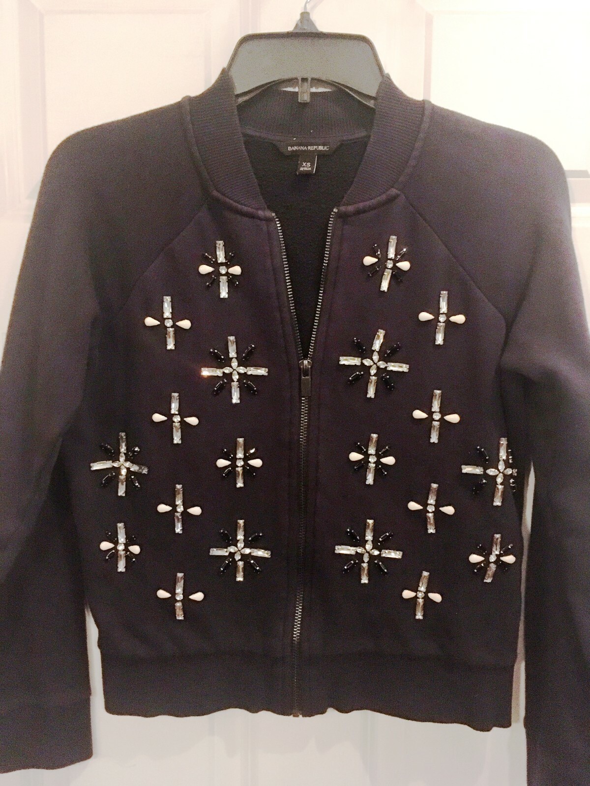 Vintage Banana Republic Beaded Knit Bomber Jacket Navy Blue Retro Size XS