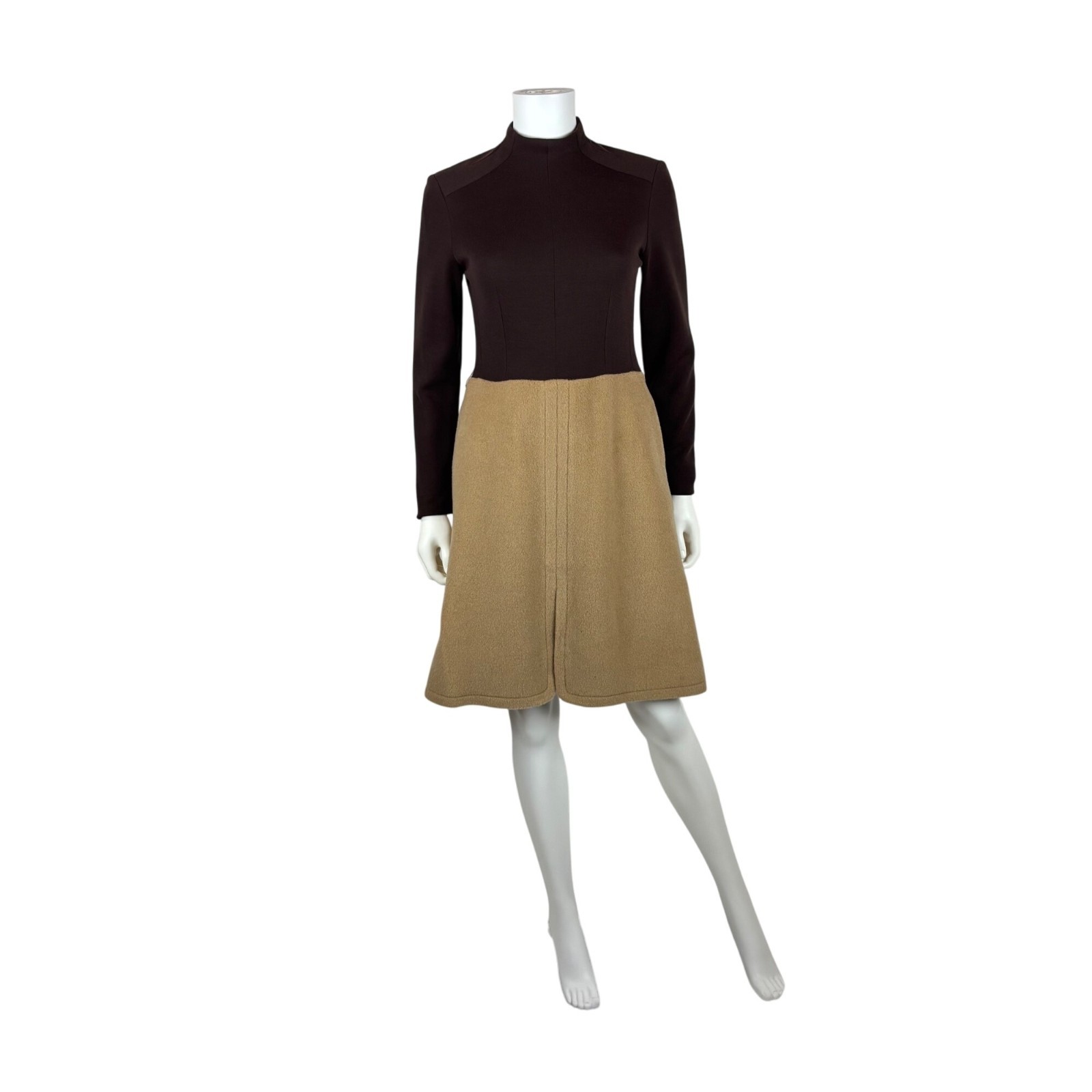 Vintage 60s Mod Dress Womens Small Wool Blend Brown Beige Knee Length Mockneck