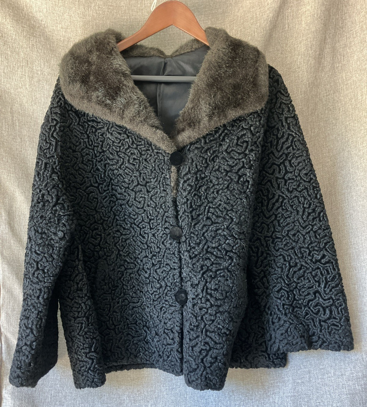 Vintage Black Faux Persian Lamb Jacket Brown Shawl Collar Women’s M/L