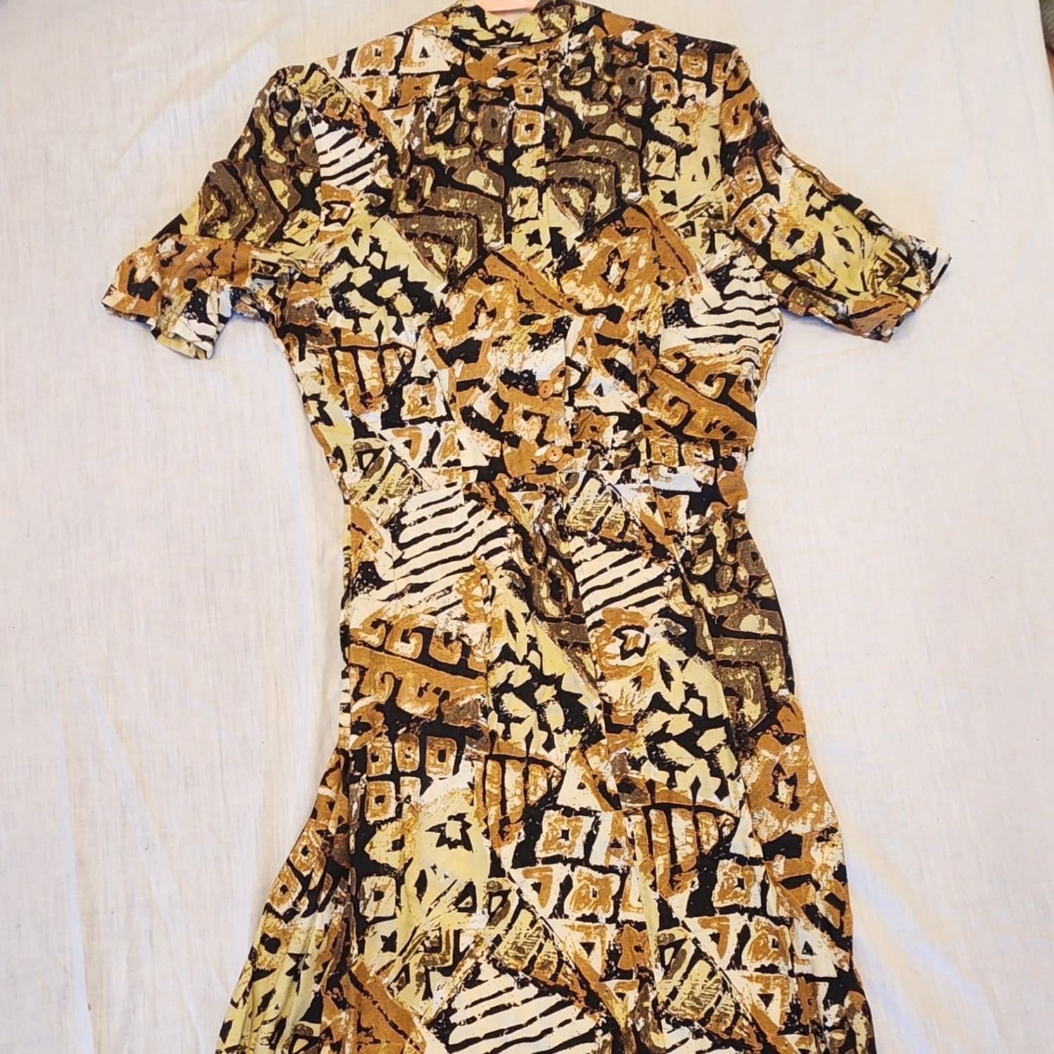 Vtg 80s Betsys Things Abstract Geometric Print Maxi Shirt Dress Brown Tan Black