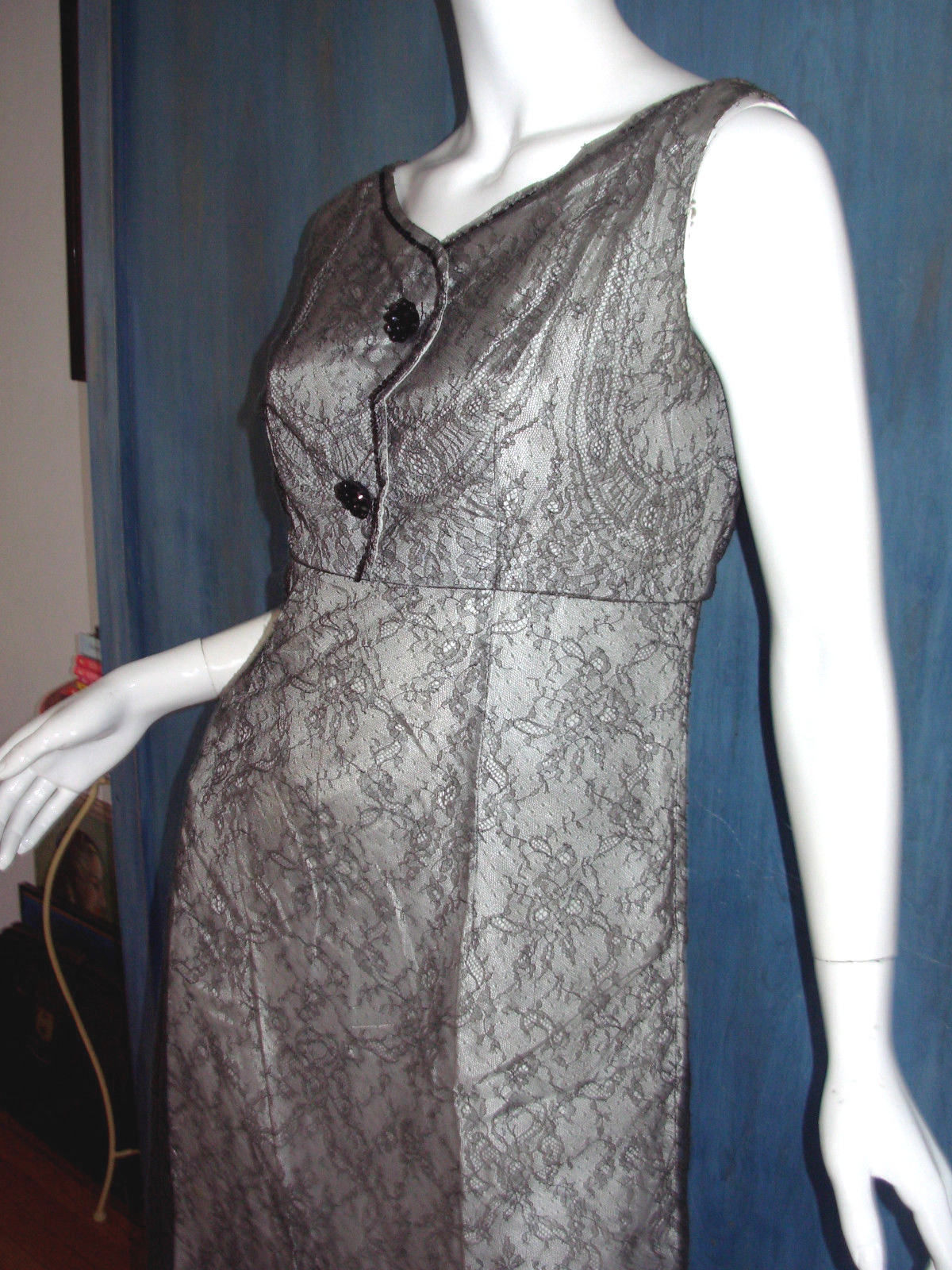 Vtg 50s 60s MOLSTAD & CO Dress 42 M Foral LACE Beaded JEWEL WIGGLE COCKTAIL Rare