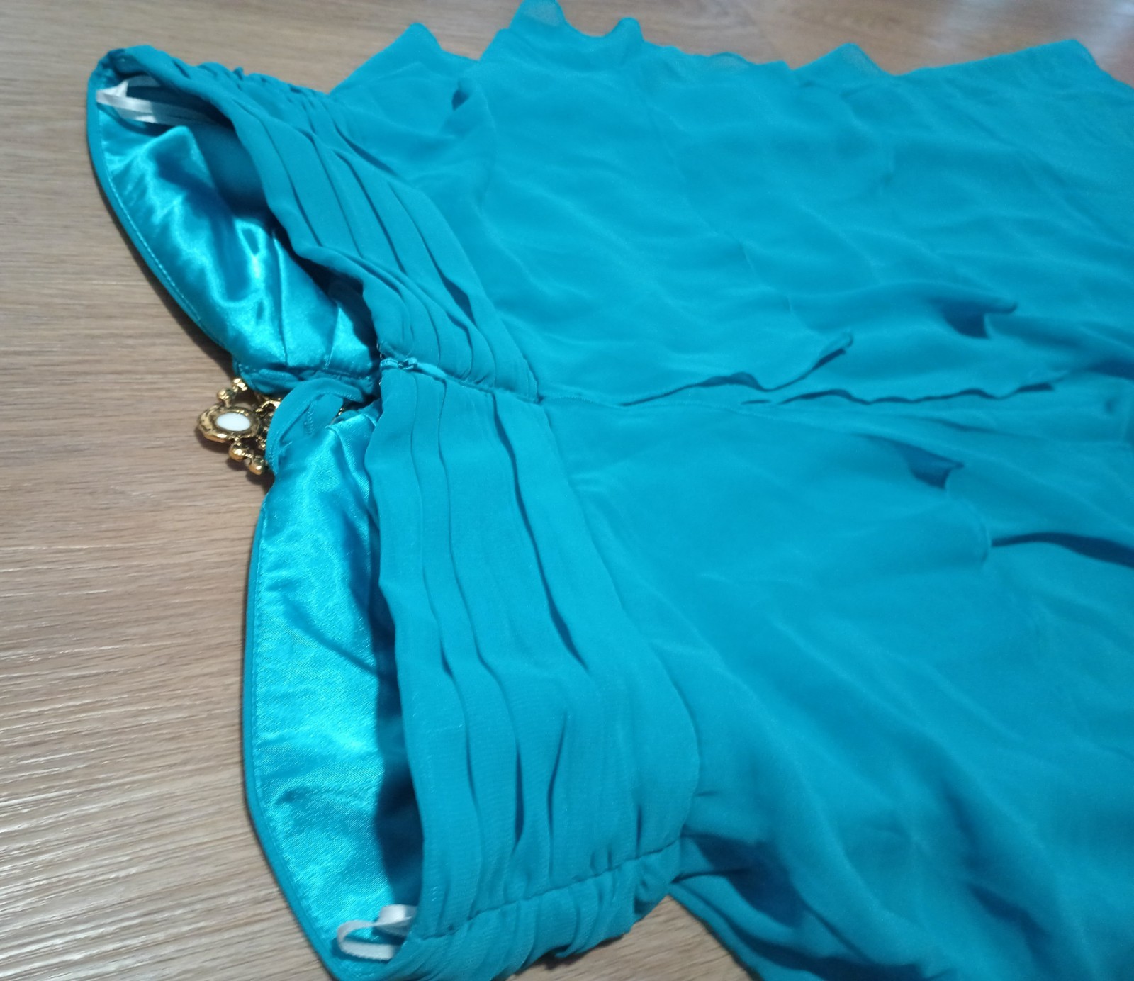 Vtg 90s ABS ALLEN SCHWARTZ Teal Sheer Tiered Layered Empire Evening Prom Dress 4