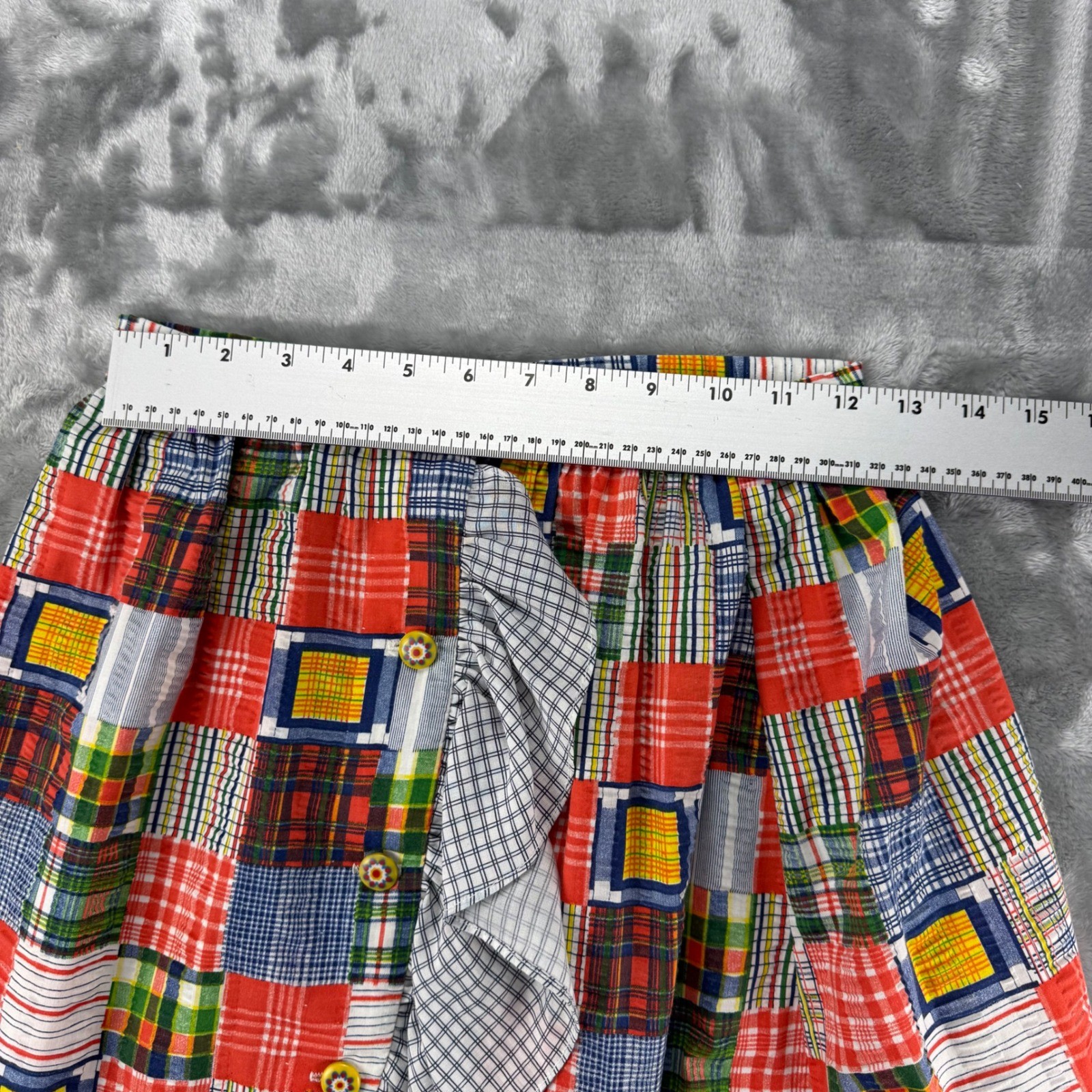 Vintage 70’s Patchwork Plaid Ruffle Midi Skirt Boho Romantic Folk, High Waist