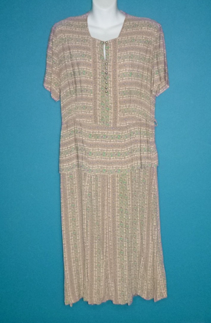 Vtg 40s 50s Rayon Dress Green Tan Blue Floral Stripes W/ Peplum VOLUP Sz XL