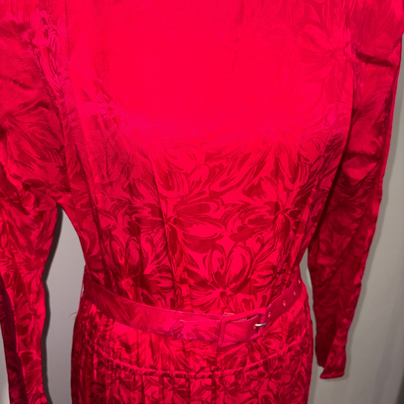 Vintage Silk Jacquard Midi Dress 80s Mob Wife Women 10P Red Argenti Petites
