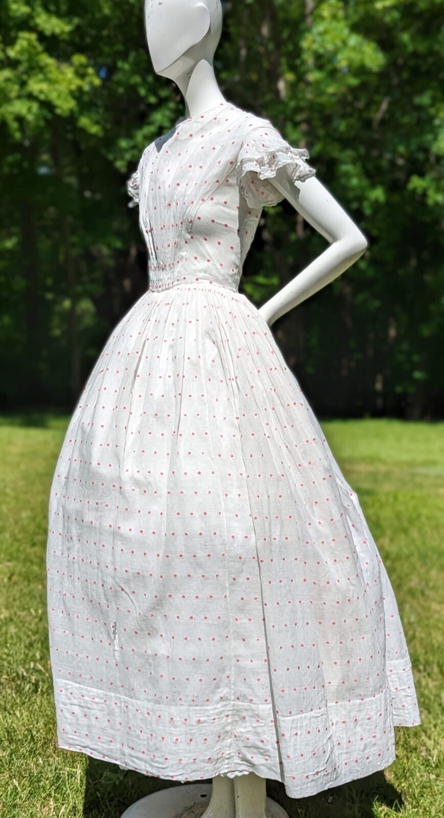 CIVIL WAR ERA SHEER PINK SWISS DOT MUSLIN SUMMER DRESS W CAP SLEEVES