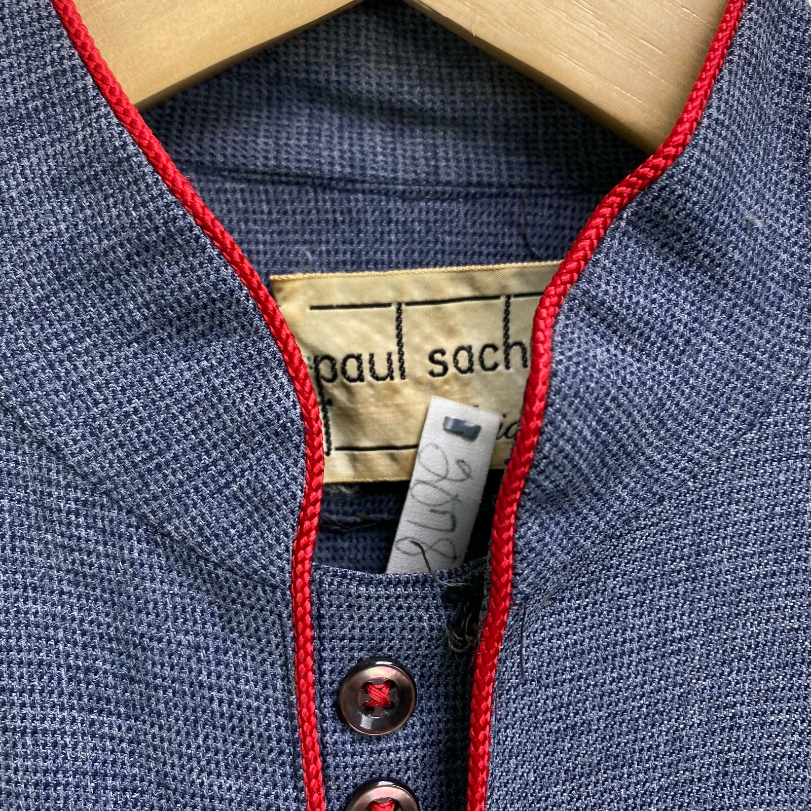 Vintage 40s 50s Paul Sachs Bluish Gray Dress w/ Red Trim Belted Pockets Size 6