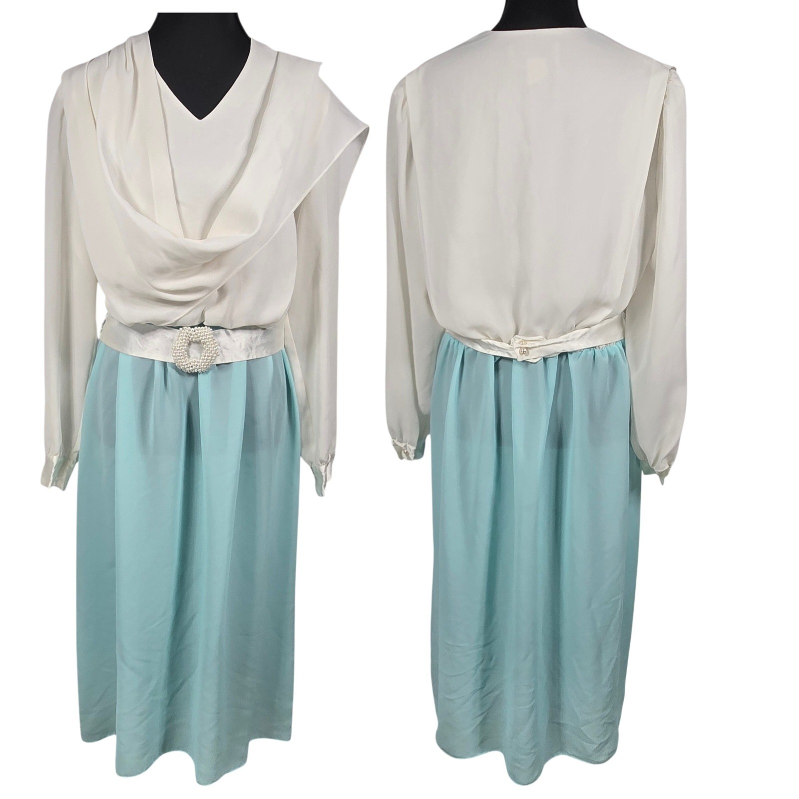 Kevin Stuart Petites Vintage 80s Cream Aqua Scarf Dress Pearl Buckle Sz 14 FLAW