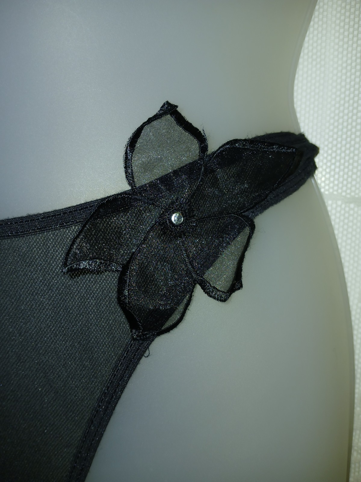 Vintage Secret Treasures Black Sheer Chiffon Flower G-String Thong Panties S