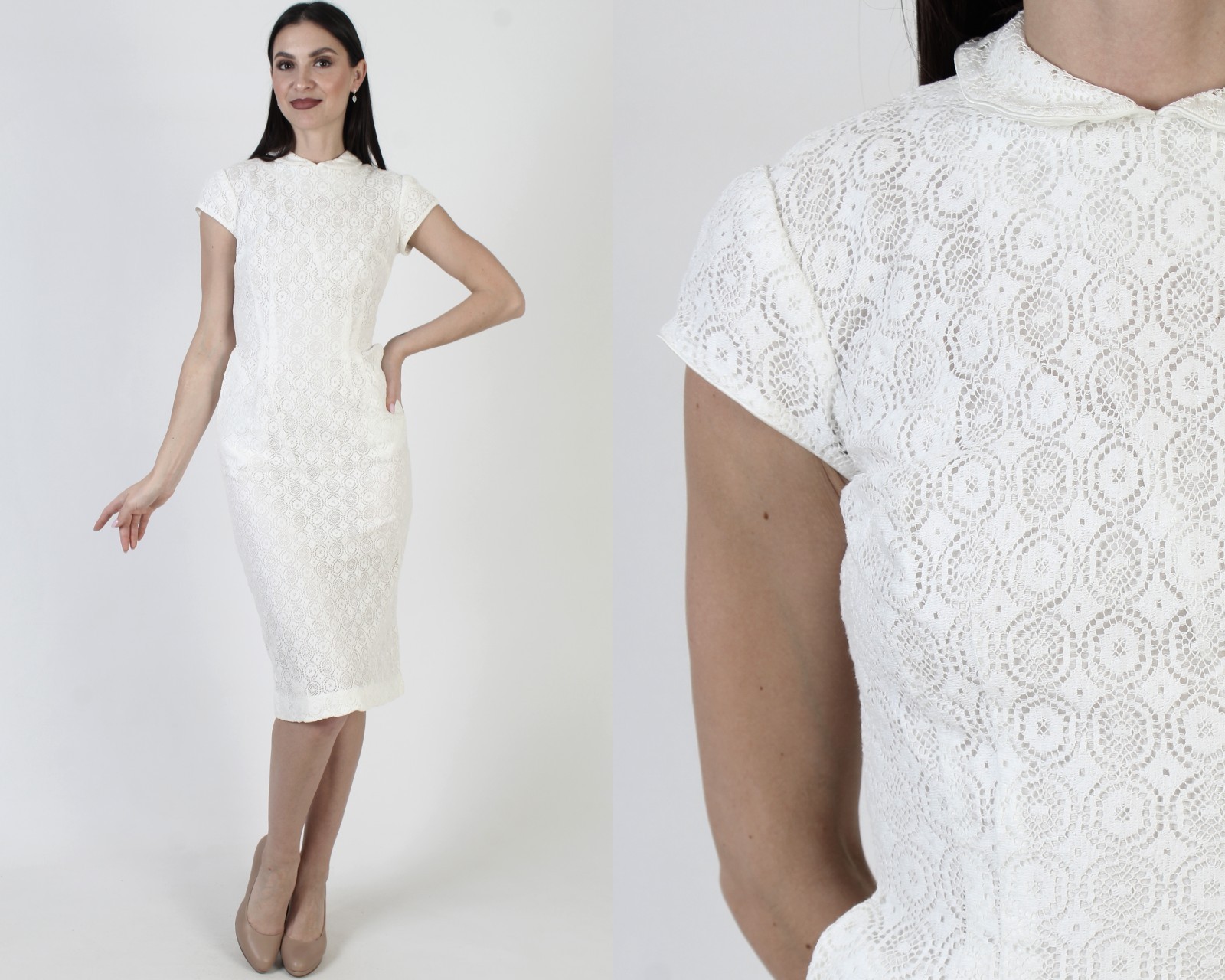 Vtg Plain White 50s Dress Knee Length Rockabilly Tiny Collar Pencil Pin Up Mini