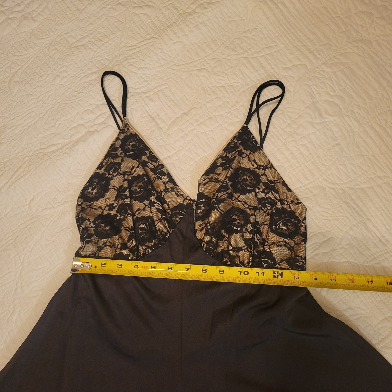 Vintage Black Satin Lace Trim Maxi Slip Dress Nightgown Multi-Strap Back V-Neck