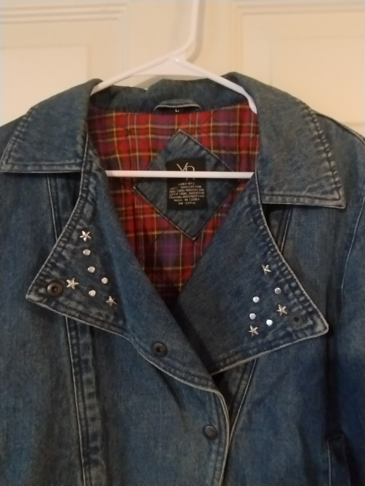 VTG YR Womens Size L Snap Up Quilt Lined Distressed Blue Jean Jacket Bling Lapel