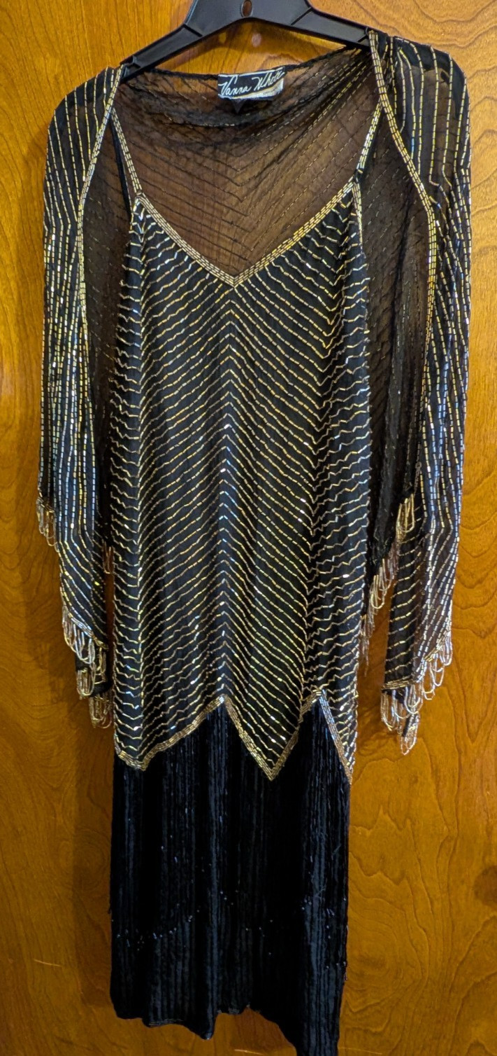 Vintage 80s Vanna White Black/Gold Silk Beaded dress and shawl – free shipping!