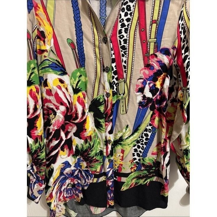 Vintage Mischa Vibrant Floral Button Down Tunic Long Sleeve Blouse Women’s Small