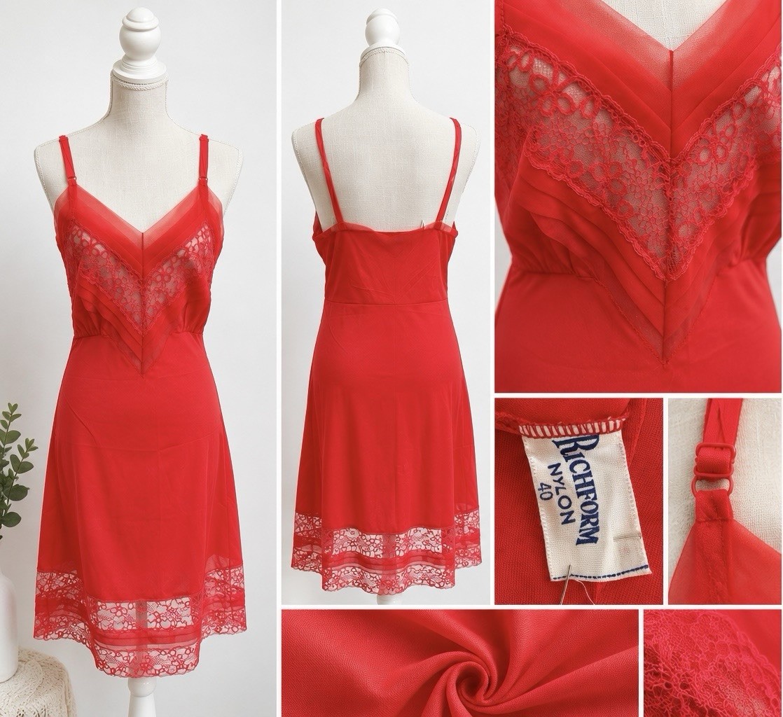 Vintage Richform Red Nylon Lace Slip Dress Nightgown Adjustable Straps Sze40