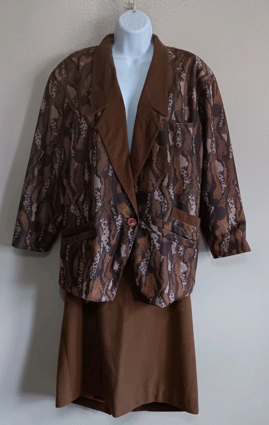 Vintage Lee Camo Tree Bark 2 Piece Jacket Skirt Suit Set Brown Velvety Artsy