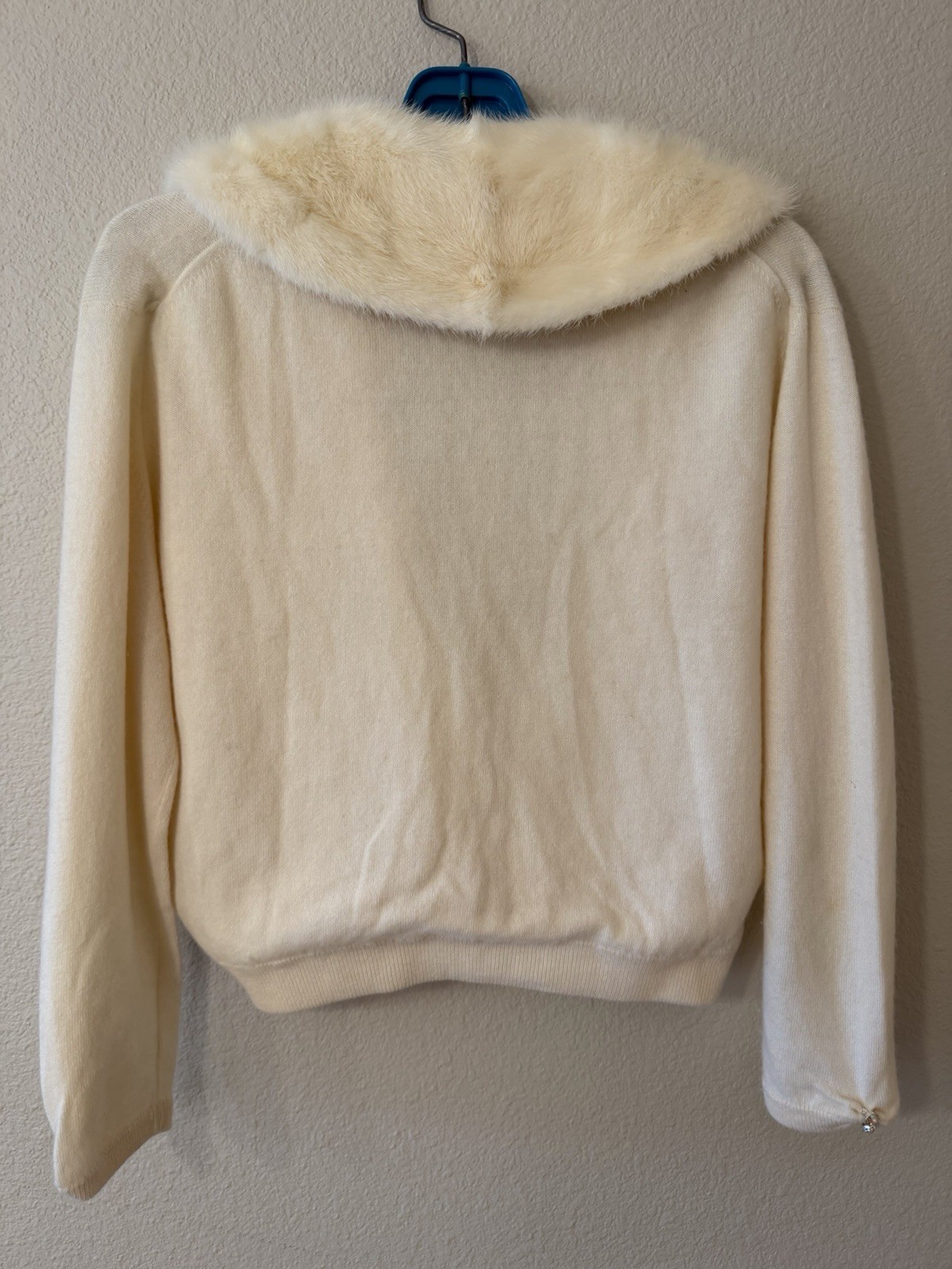 Vintage Pringle Scotland Cashmere Cardigan Mink Fur Collar Ivory Size S