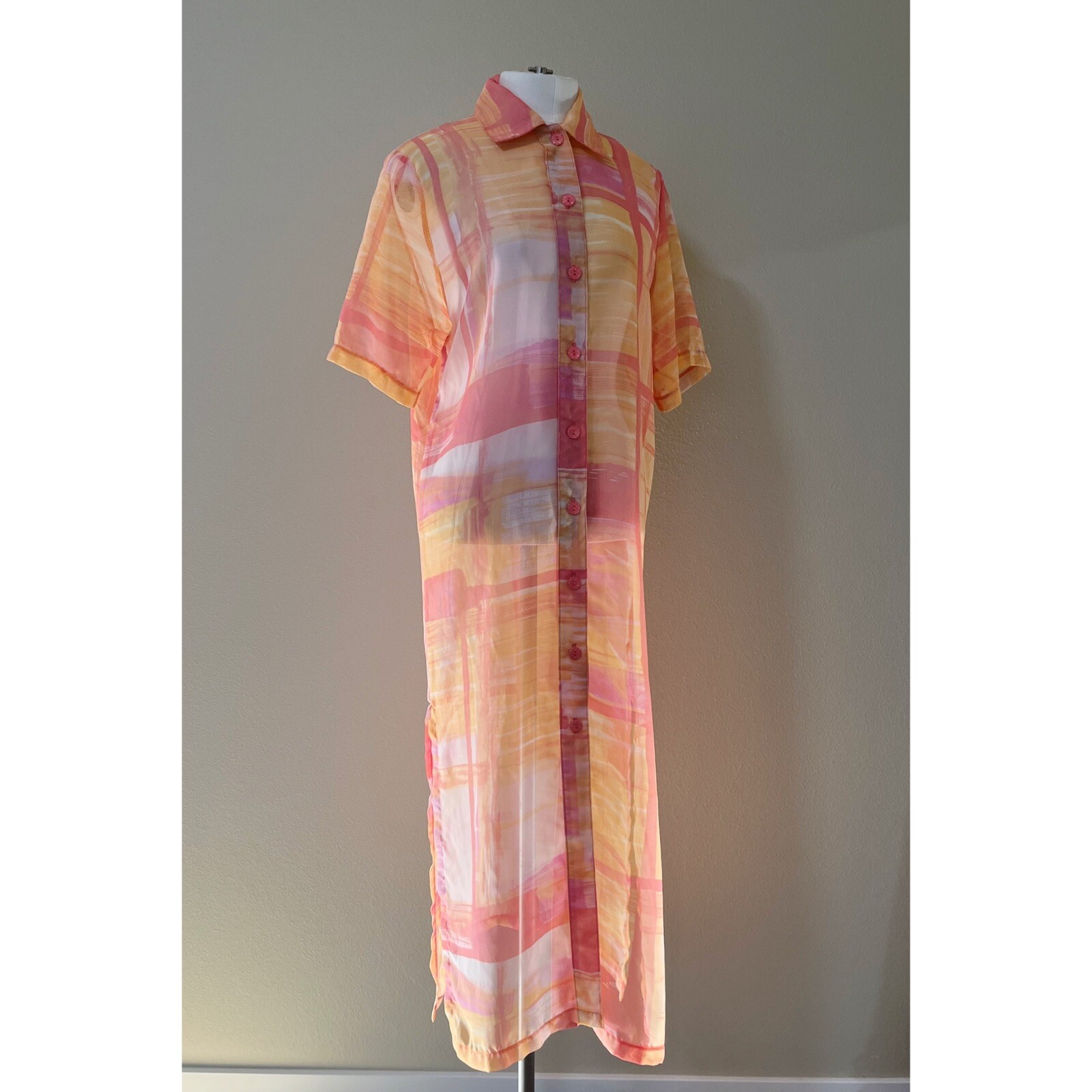 Vintage Seasuns Pink Orange Ombré Sheer Button Down Cover Up Dress