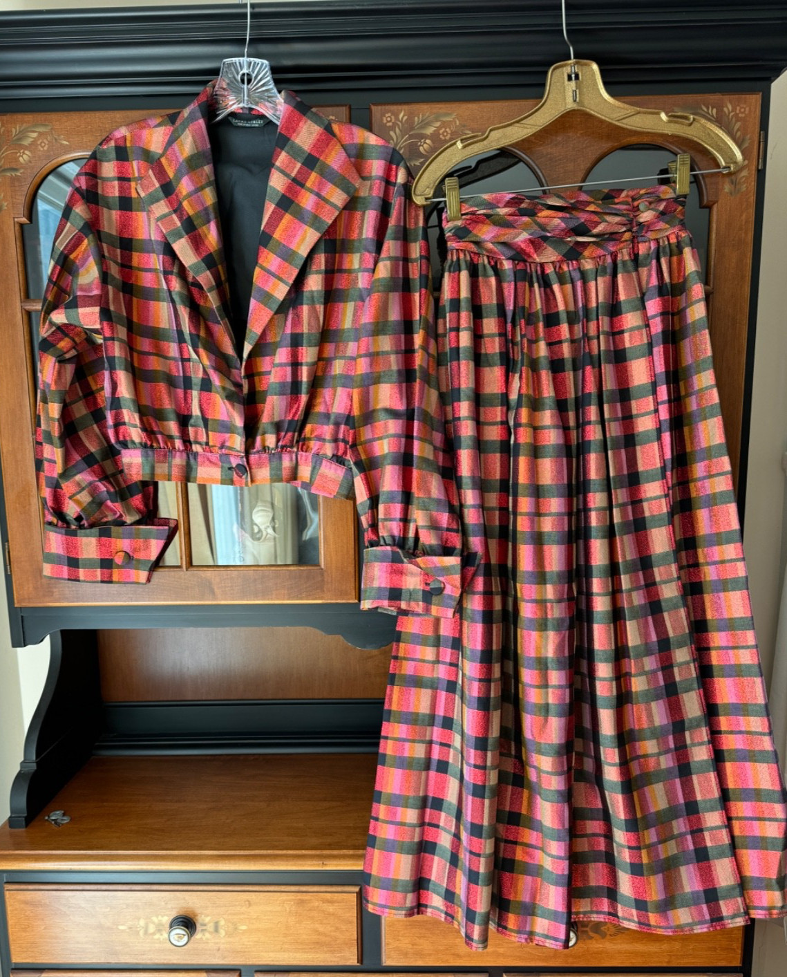 VINTAGE LAURA ASHLEY UK IRIDESCENT DIRNDL SKIRT JACKET BLOUSE SET SUIT SIZE 6/4