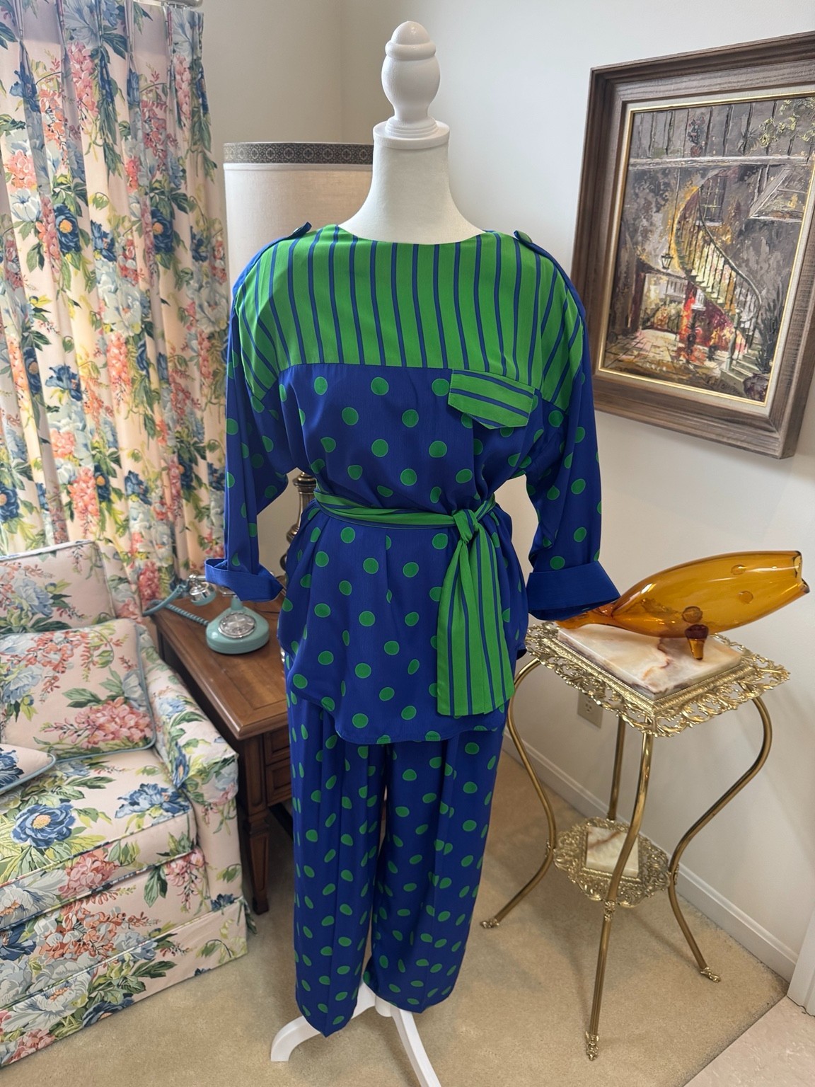 Vintage 80s Danielle Paige Blue Green Polka Dot Pant Set Washable Silk Made USA