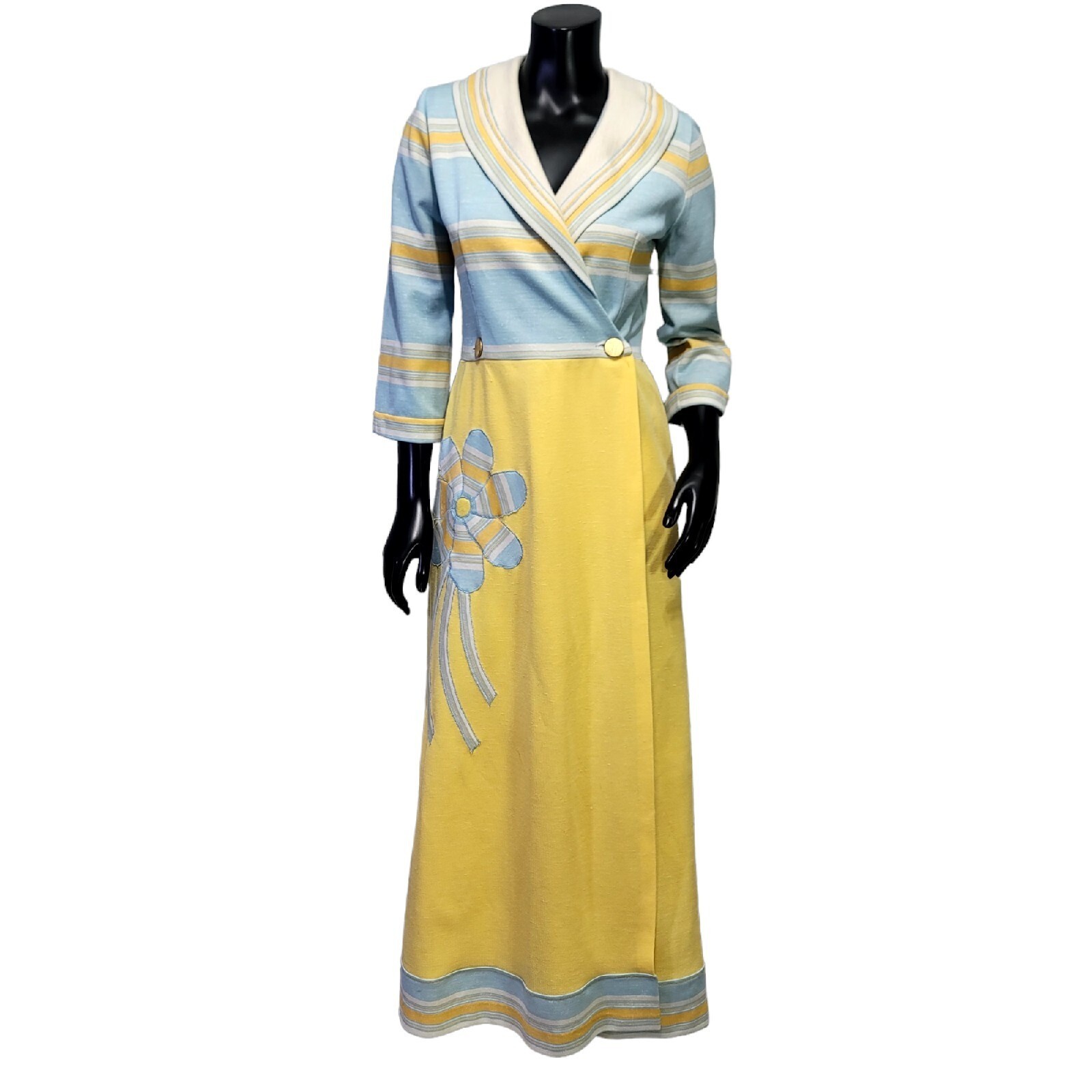 Vintage 60s 70s Maxi Dress Yellow Blue Striped Floral Applique Shawl Collar Mod