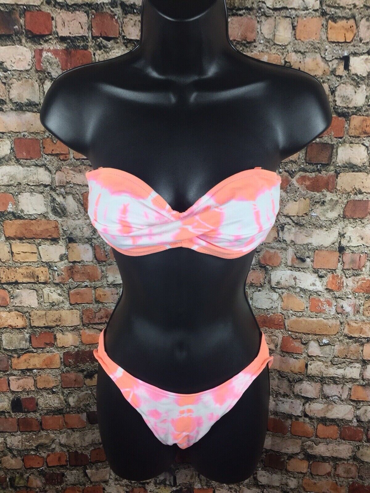 Vintage 80s 90s Neon Tie Dye Bandeau Bikini Top Bottom SET Pink Orange USA Retro