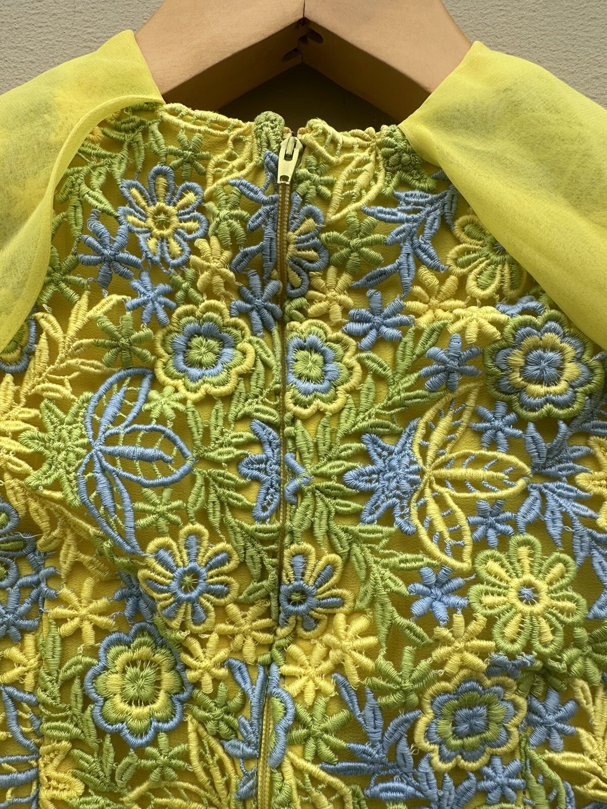 Gunne Sax Vintage Sheer Crochet Dress Yellow Multi Color Long Sleeves X/Small