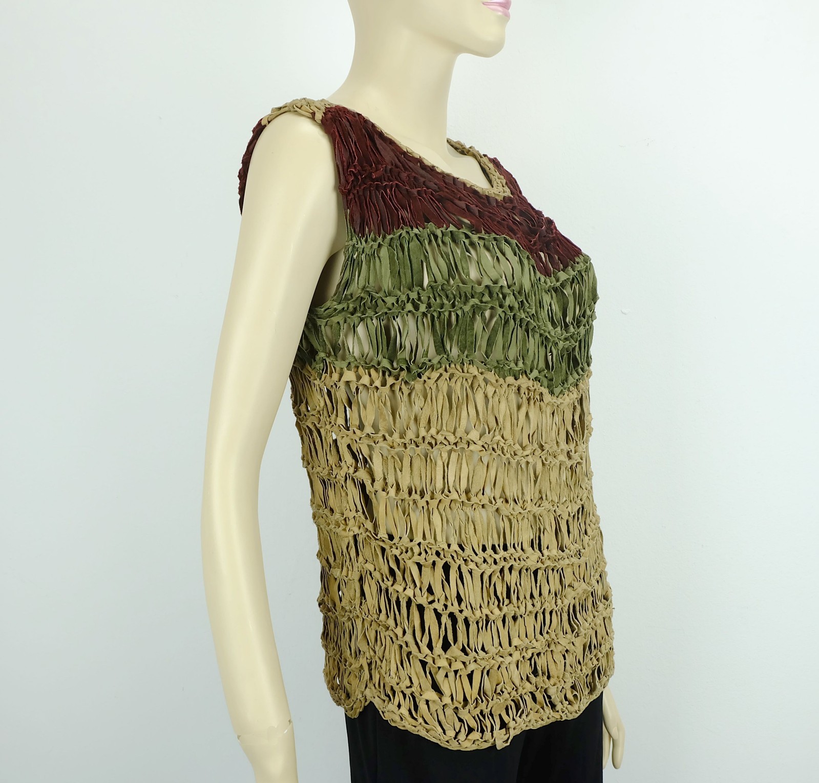 80s Suede SWEATER Sleeveless Top Hand Knitted Chunky Knit Size M Tri Tone