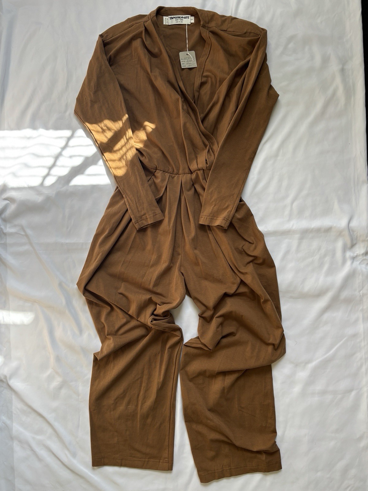 Vtg Wrap Jumpsuit Sz S USA Made Long Sleeves Pockets Cotton Elastic Waist Romper