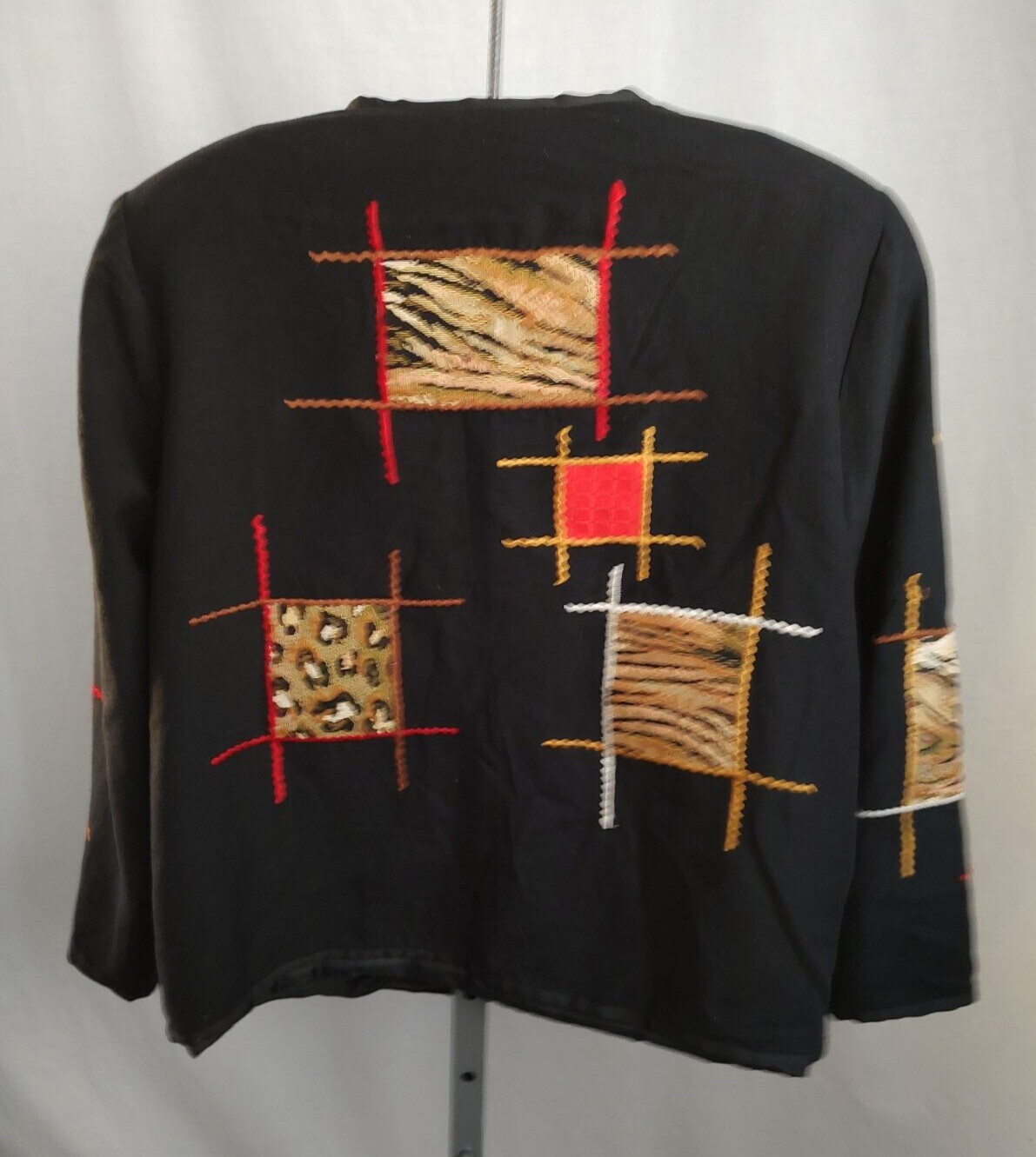 Vintage Alex Kim Patchwork Patches Jacket Medium Black Animal Print Art to Wear