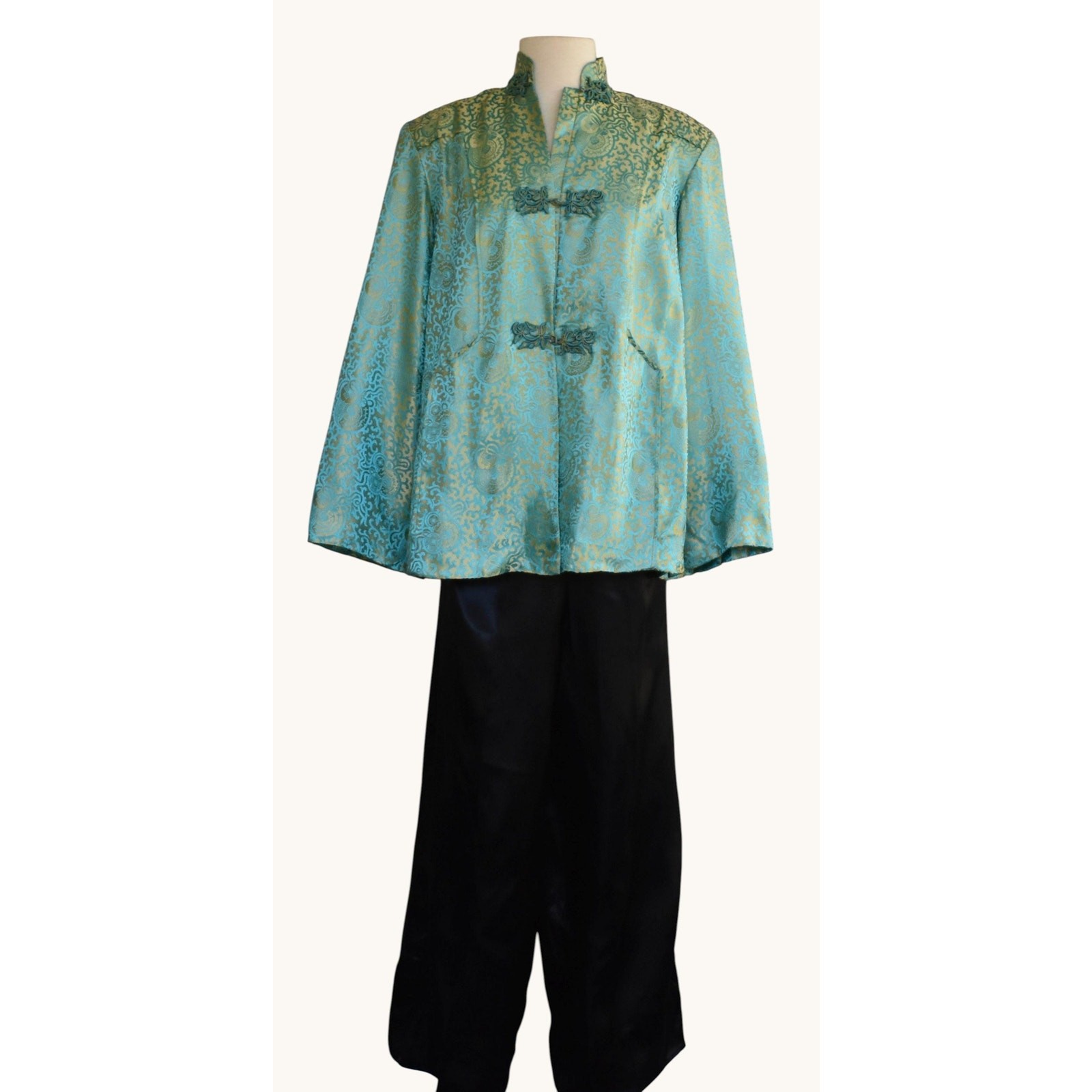 Vintage 60s Silk Jacquard Asian Jacket, Aqua Blue and Gold, Size L Large
