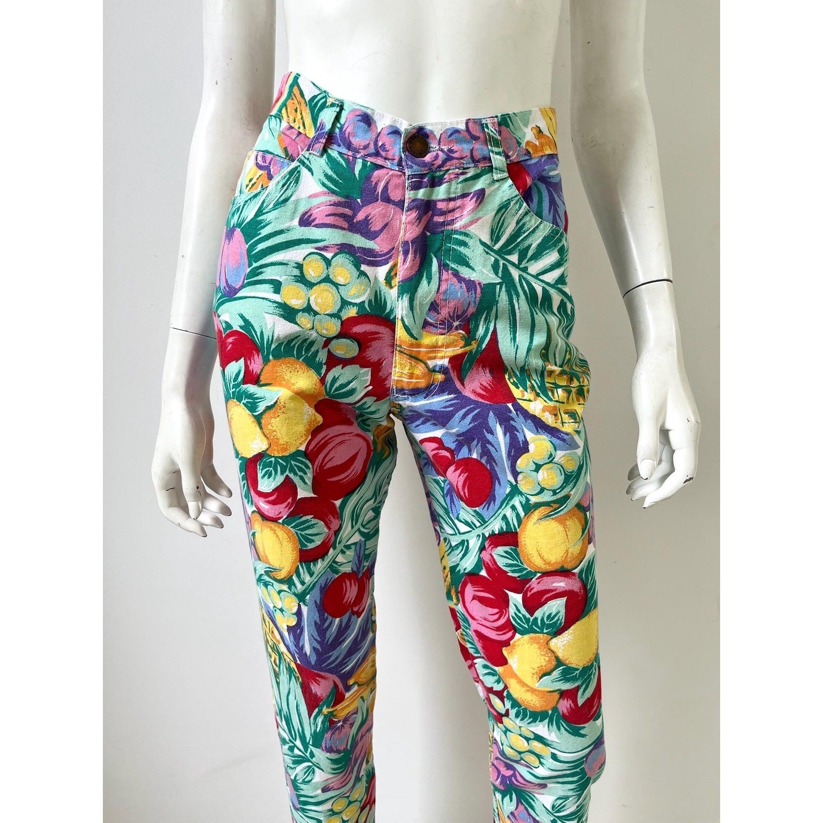 1990s Pants / 90s Rainbow Fruit Print Jeans / Small 25” Waist