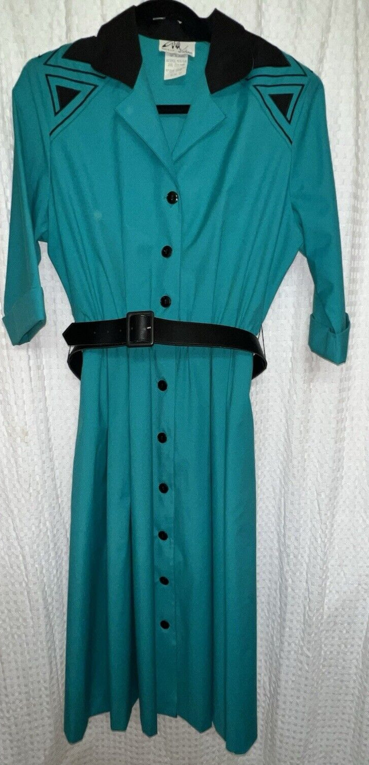 Vintage 1980’s Teal Shirt Dress Shoulder Pads Geometric Excellent Condition
