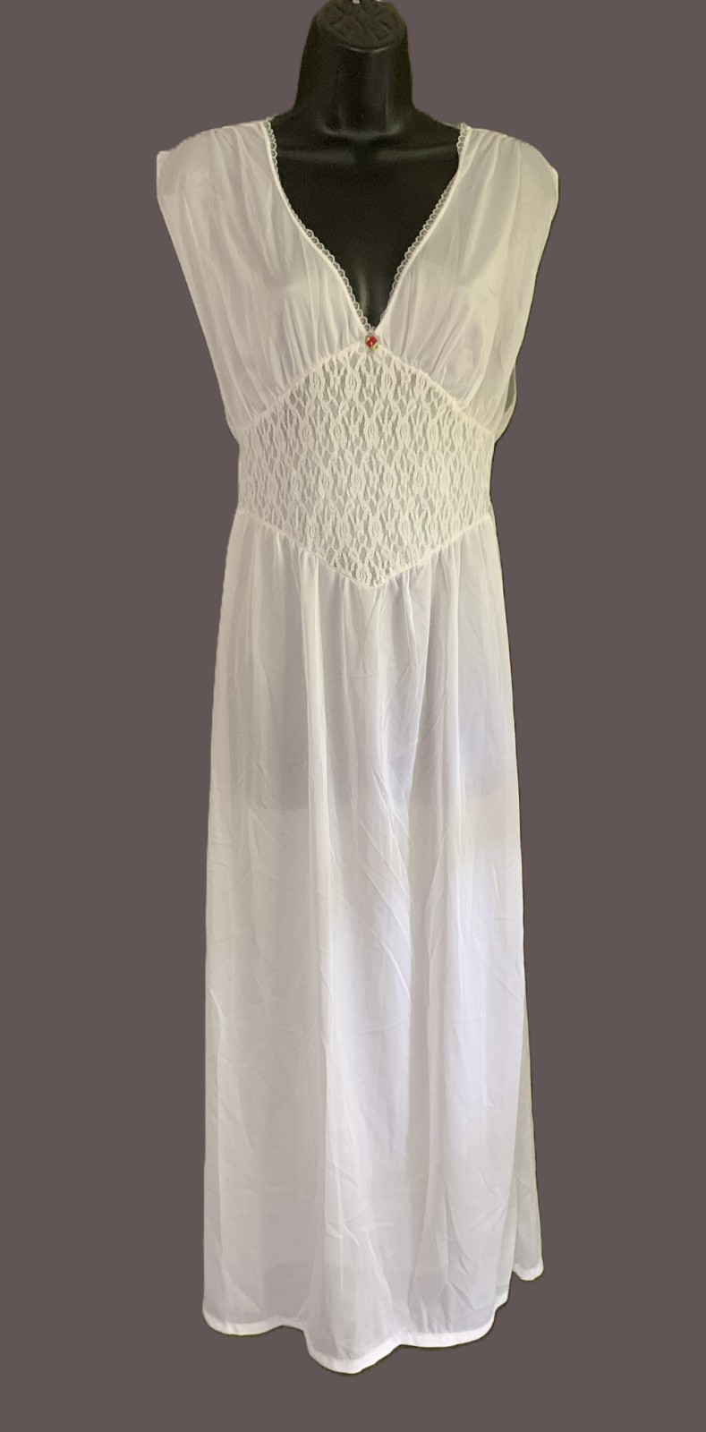 Vtg White Nylon Stretch Lace Nightgown Long Plunge Bridal Goddess Lady Ronte M