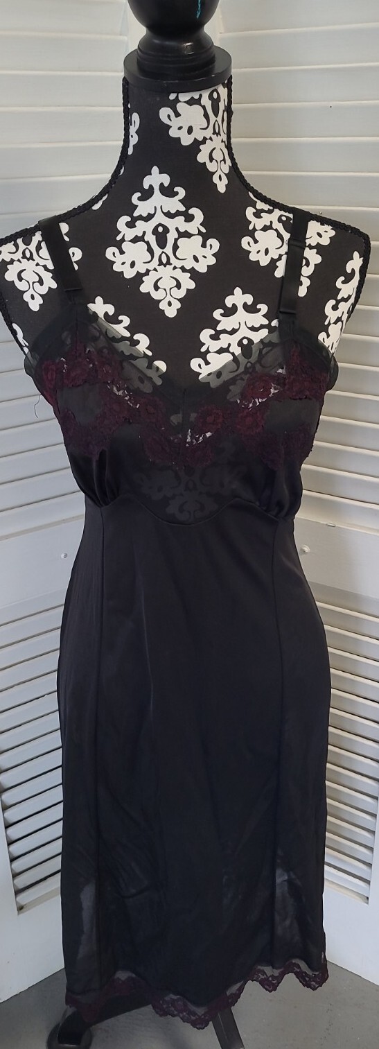 LOOMCRAFT Black Full Slip Dress Embroidered Silky Nylon Lace Trim 34