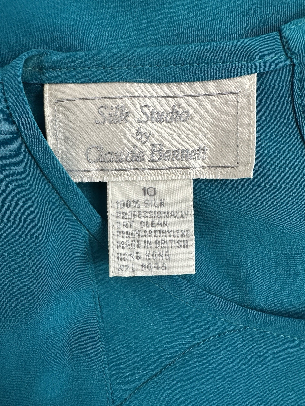 Vintage Silk Studio by Claude Bennett Teal 100% Silk Blouse Size 10 British HK