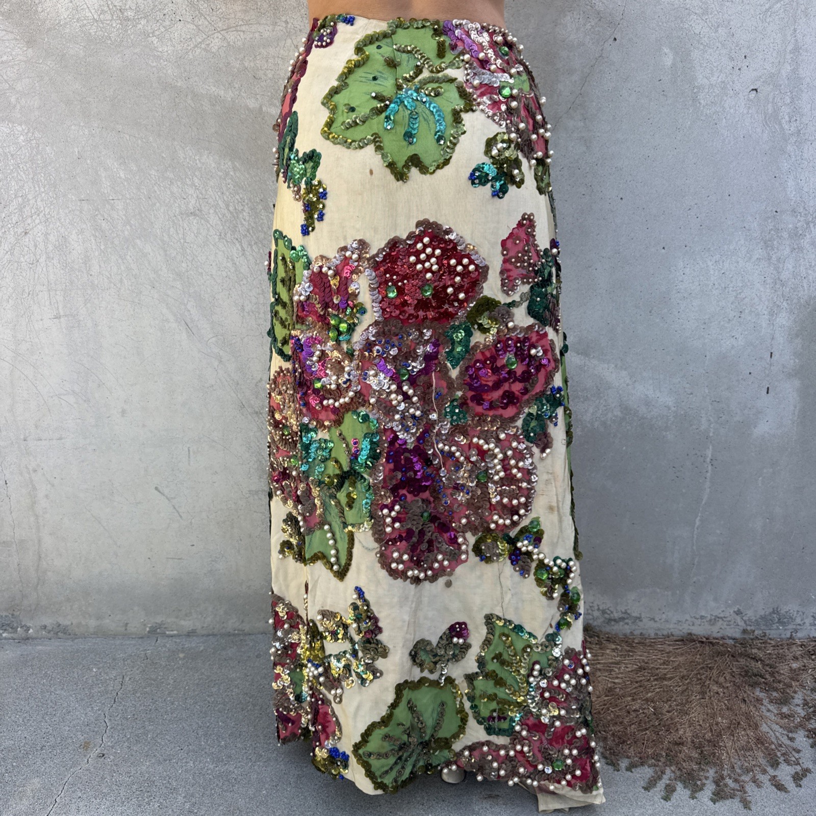 Vintage 1930s Painted Skirt Rhinestones Beading Pearls Flower Showgirl Burlesque