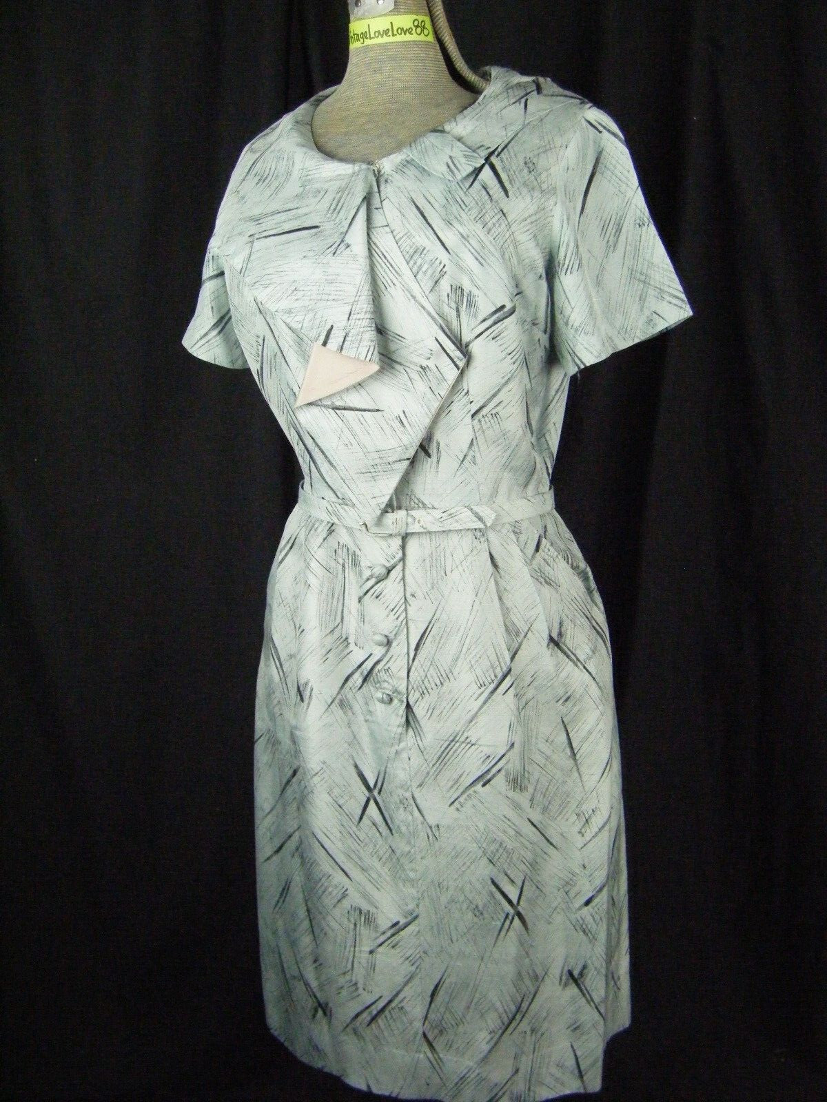 NEUSTETERS Vtg 50s Grey Brush Printed Silk Crepe Collar Dress & Belt-Bust 39/S