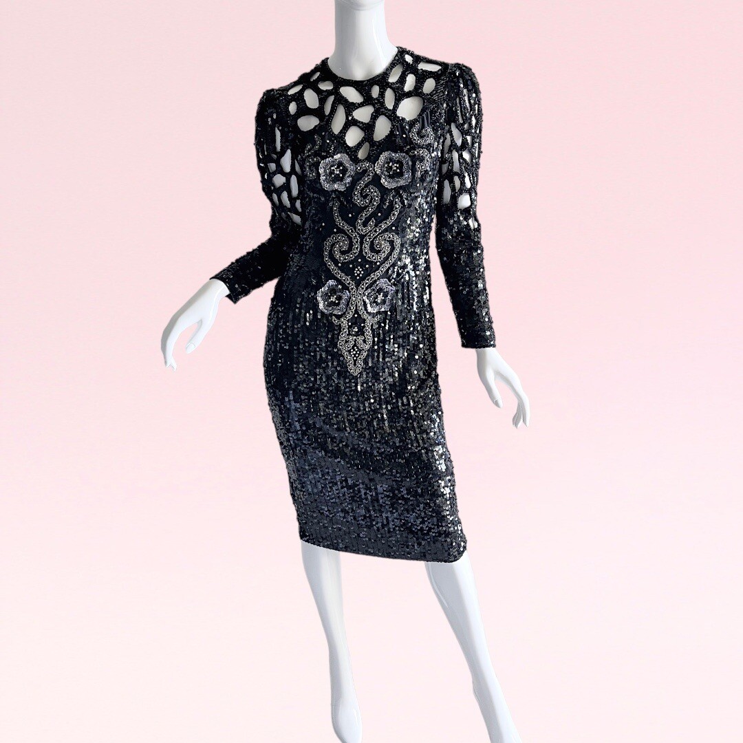 1980s Vtg Oleg Cassini Black Tie NWT Beaded Sequin Silk Cocktail Party Dress S