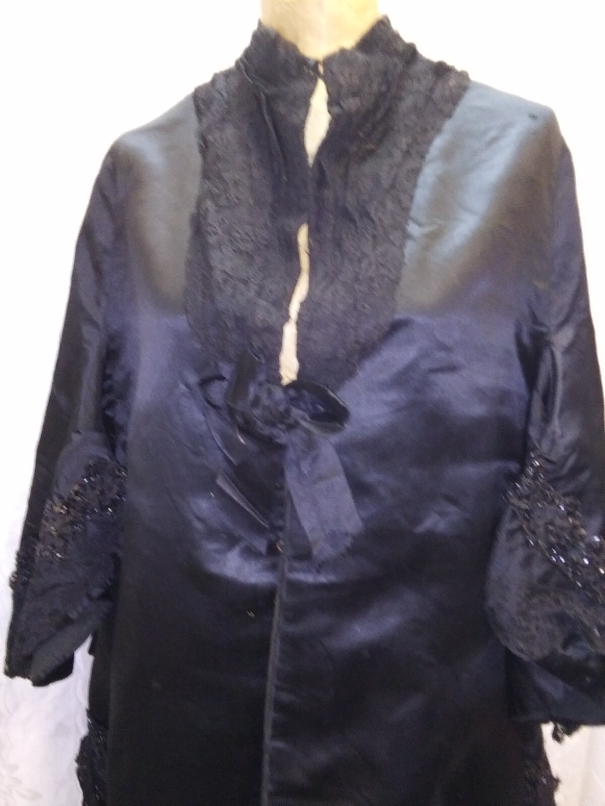 Vintage 1890’s 1900’s Black Satin Rayon Beaded Fringe Lace Coat Size M/L