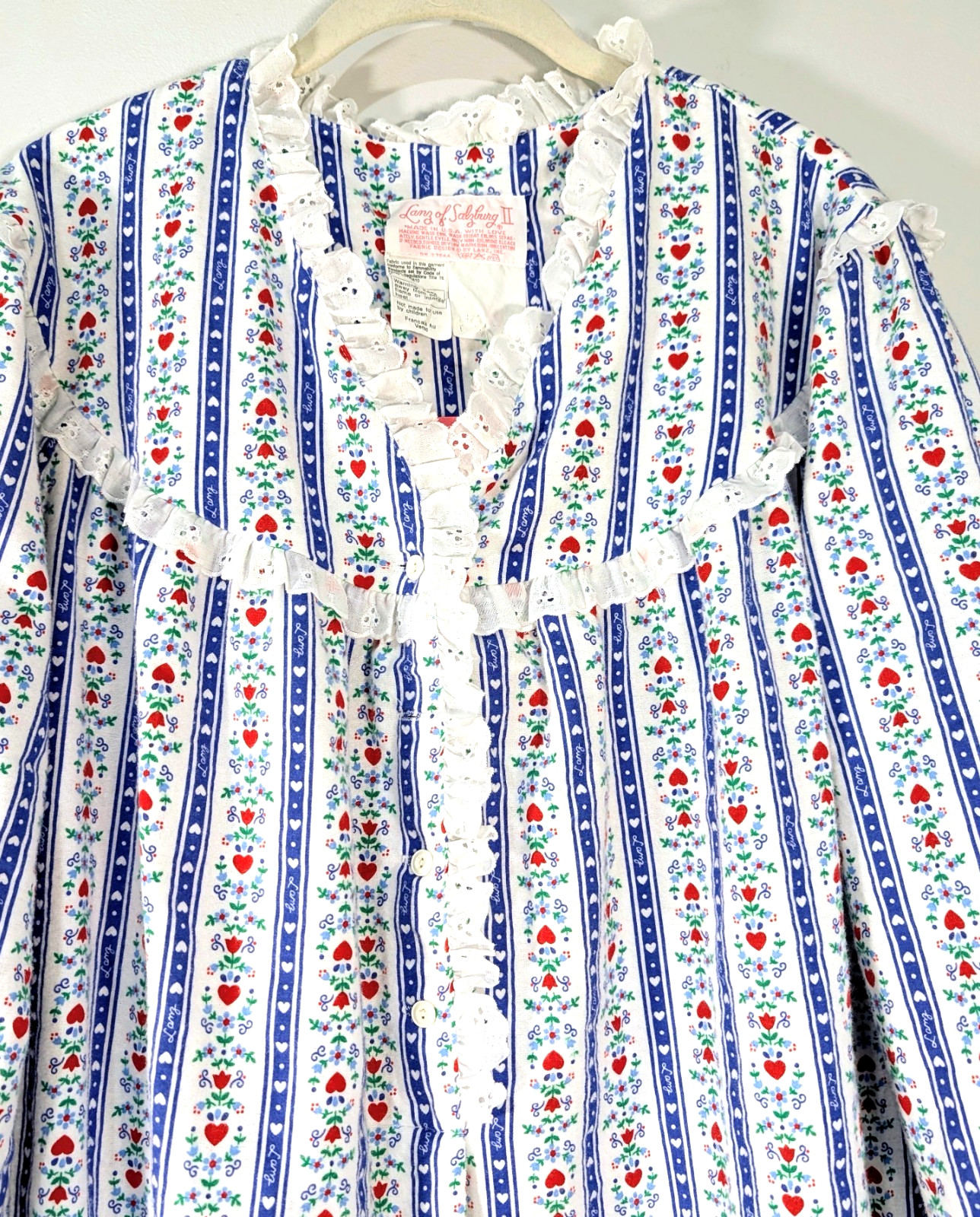 NEW LANZ 2X Tyrolean Hearts Floral Stripe Eyelet Lace 49″ Long Flannel Nightgown